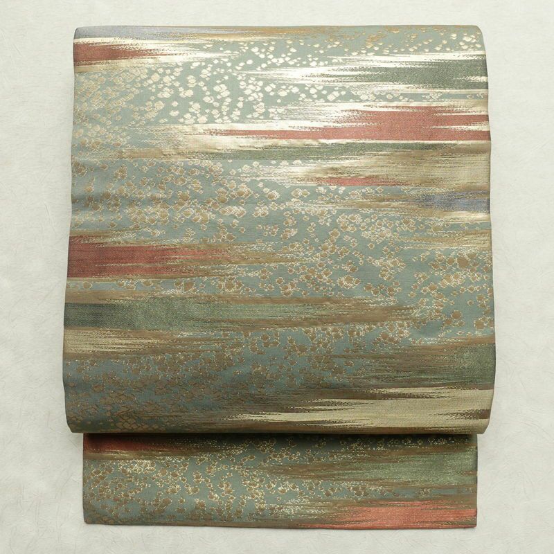 名古屋帯 太鼓柄 正絹 幾何学柄・抽象柄 名古屋仕立て 箔 帯 緑・うぐいす色_画像1