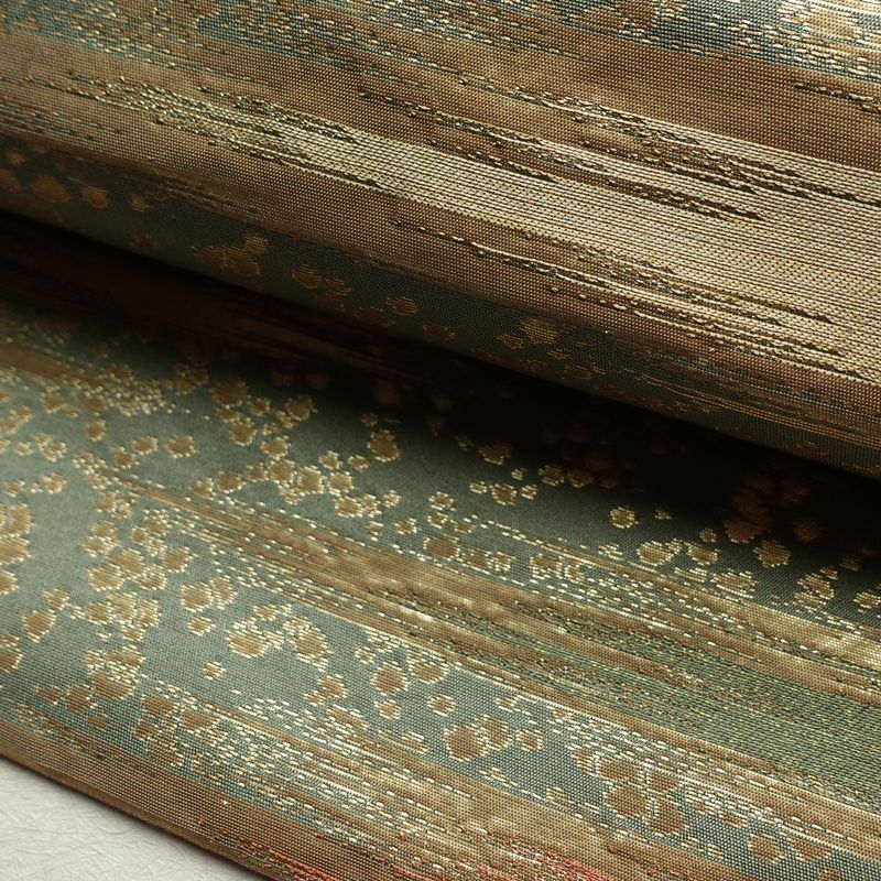 名古屋帯 太鼓柄 正絹 幾何学柄・抽象柄 名古屋仕立て 箔 帯 緑・うぐいす色_画像7