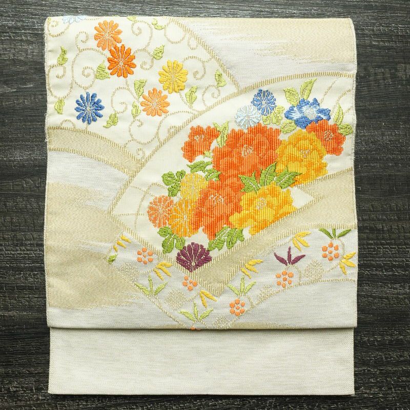 名古屋帯 太鼓柄 正絹 花柄 松葉仕立て 帯 金・銀_画像1