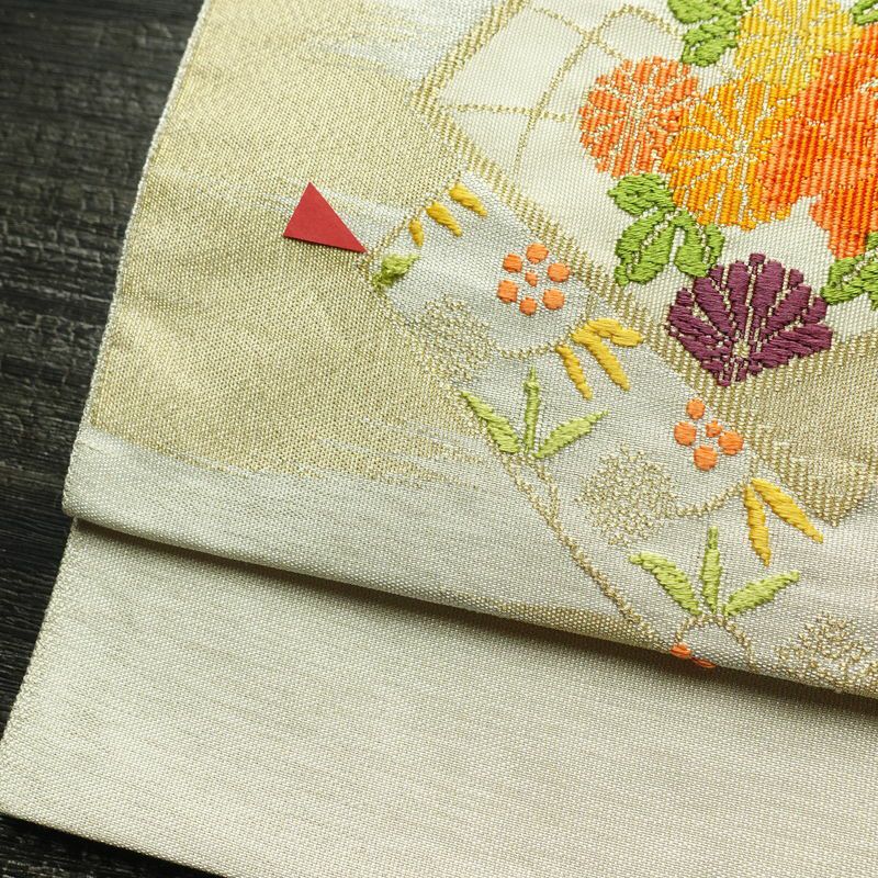 名古屋帯 太鼓柄 正絹 花柄 松葉仕立て 帯 金・銀_画像7