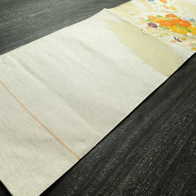 名古屋帯 太鼓柄 正絹 花柄 松葉仕立て 帯 金・銀_画像9