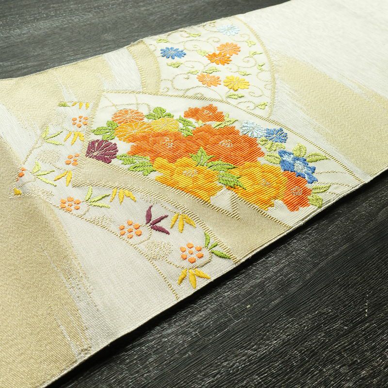 名古屋帯 太鼓柄 正絹 花柄 松葉仕立て 帯 金・銀_画像12