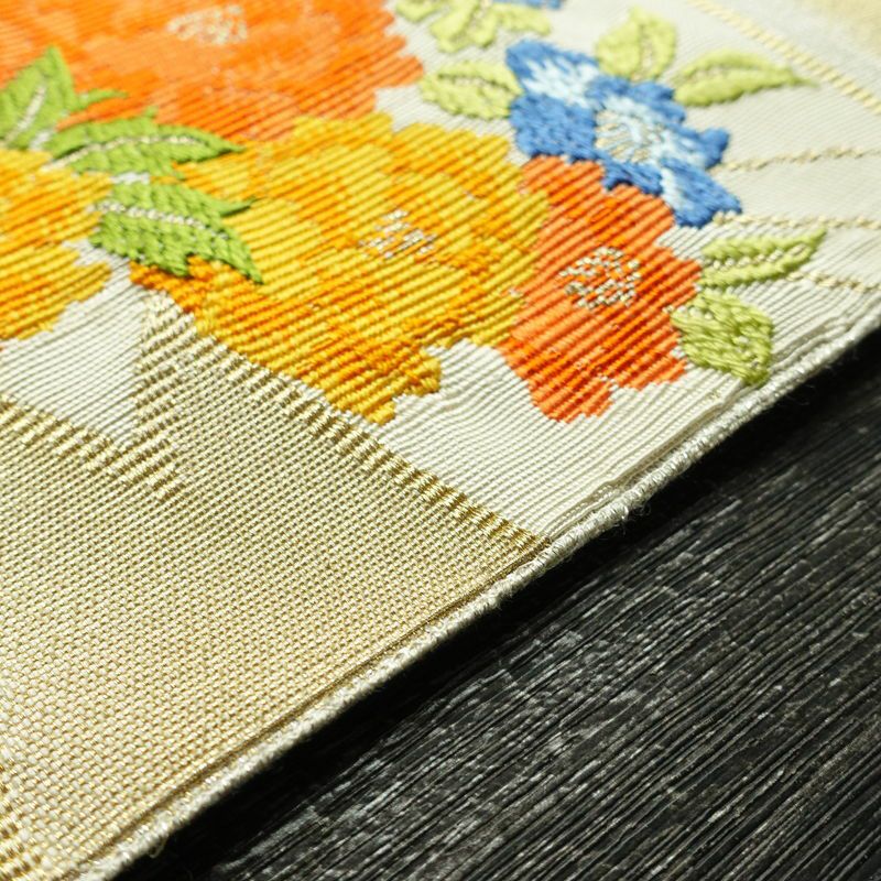 名古屋帯 太鼓柄 正絹 花柄 松葉仕立て 帯 金・銀_画像13