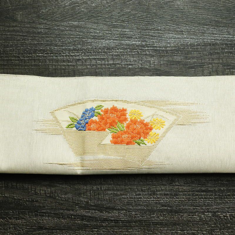 名古屋帯 太鼓柄 正絹 花柄 松葉仕立て 帯 金・銀_画像14