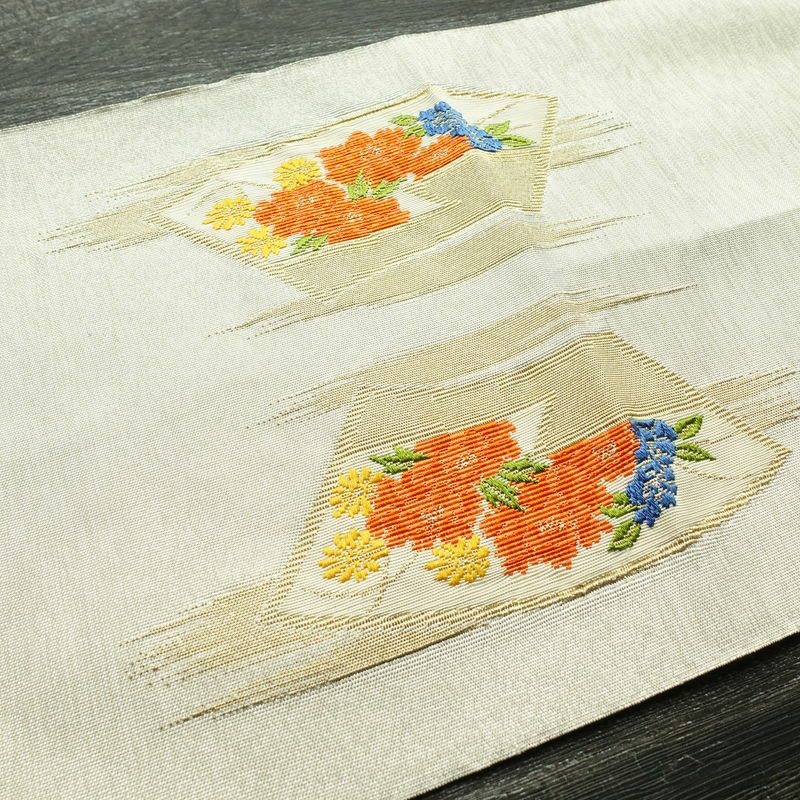名古屋帯 太鼓柄 正絹 花柄 松葉仕立て 帯 金・銀_画像16