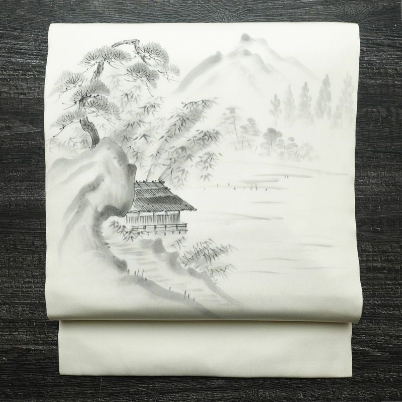 名古屋帯 太鼓柄 良品 正絹 風景柄 名古屋仕立て 帯 白_画像1