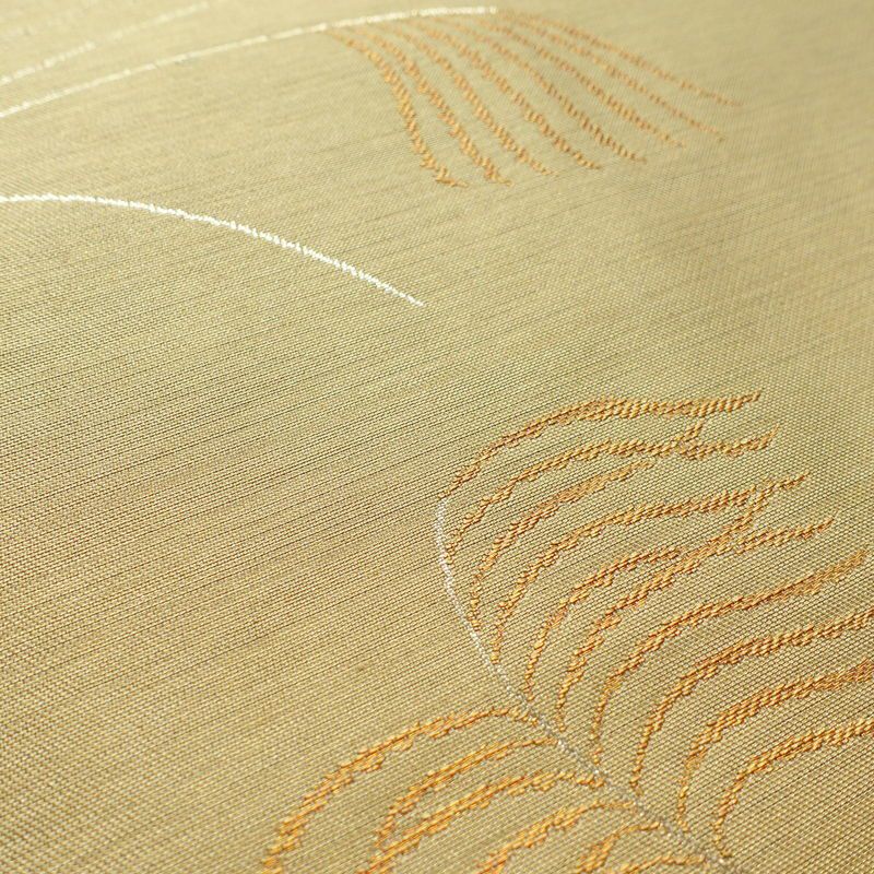 名古屋帯 太鼓柄 美品 正絹 木の葉・植物柄 名古屋仕立て 帯 ベージュ_画像3