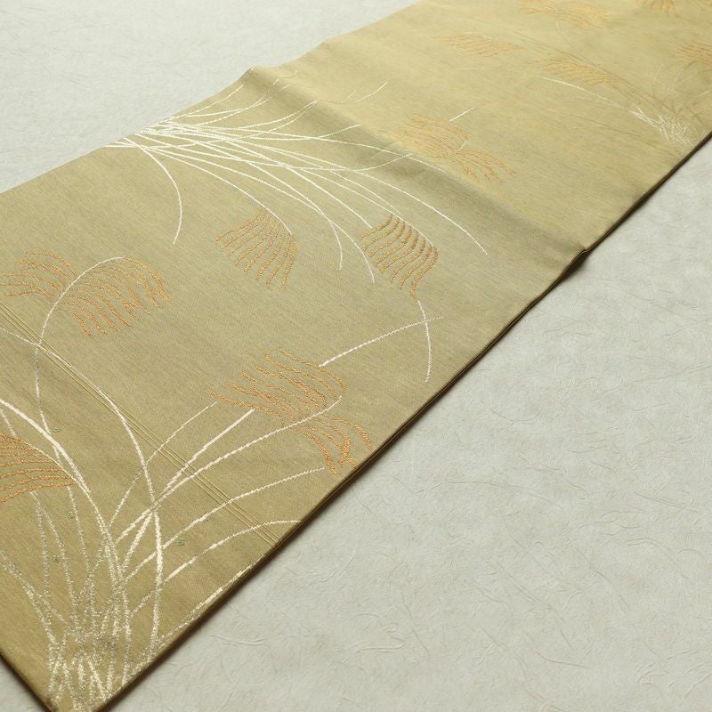 名古屋帯 太鼓柄 美品 正絹 木の葉・植物柄 名古屋仕立て 帯 ベージュ_画像9