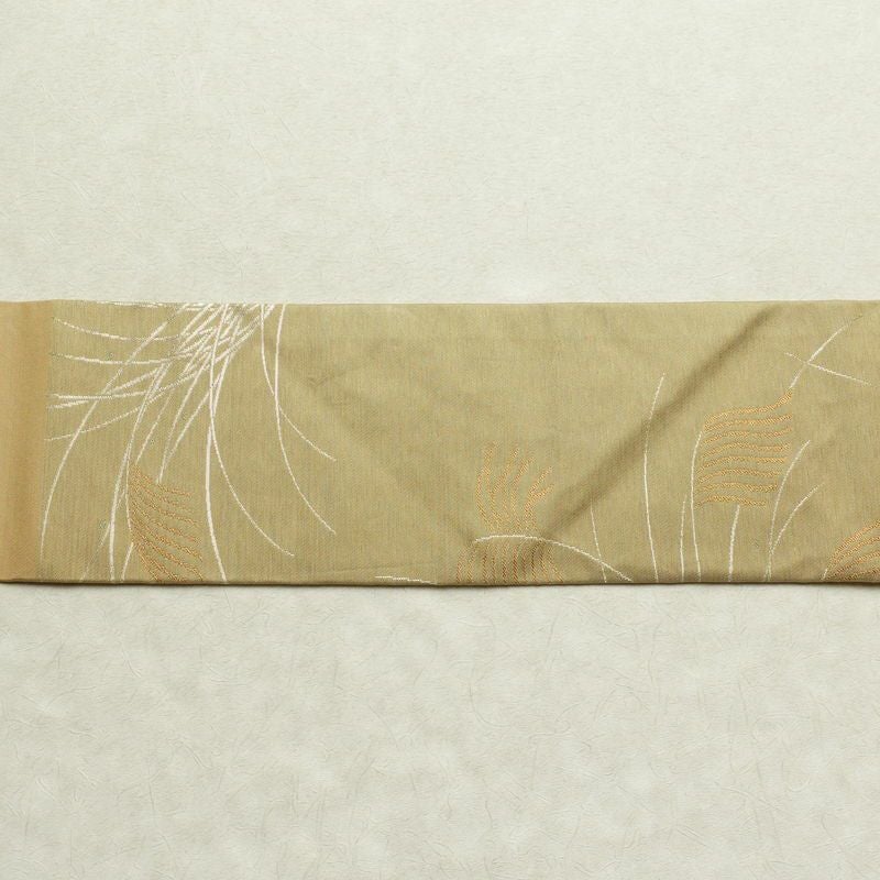 名古屋帯 太鼓柄 美品 正絹 木の葉・植物柄 名古屋仕立て 帯 ベージュ_画像15