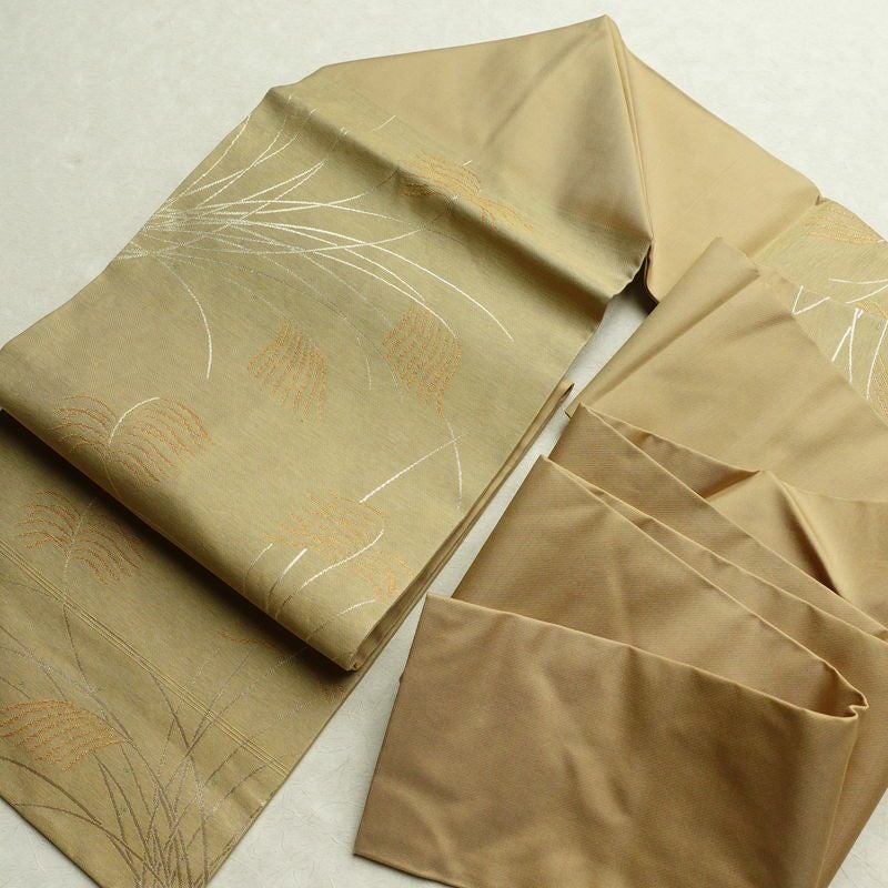 名古屋帯 太鼓柄 美品 正絹 木の葉・植物柄 名古屋仕立て 帯 ベージュ_画像17