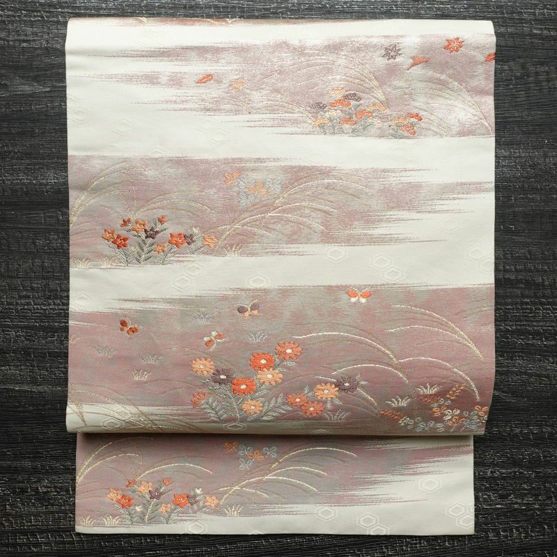 名古屋帯 六通柄 良品 正絹 花柄 名古屋仕立て 箔 金糸 帯 白_画像1