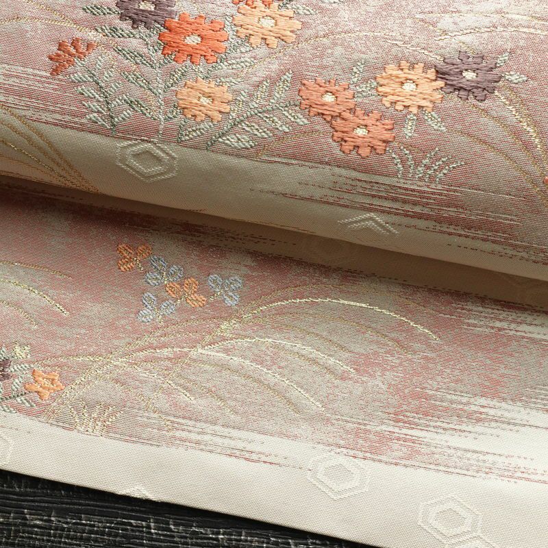 名古屋帯 六通柄 良品 正絹 花柄 名古屋仕立て 箔 金糸 帯 白_画像7