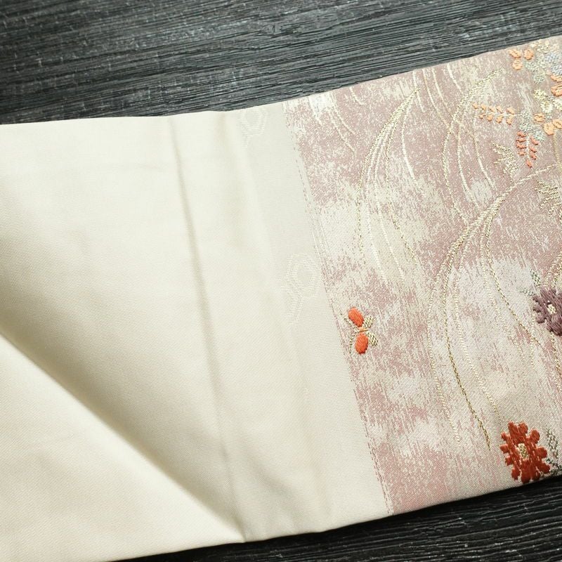 名古屋帯 六通柄 良品 正絹 花柄 名古屋仕立て 箔 金糸 帯 白_画像15