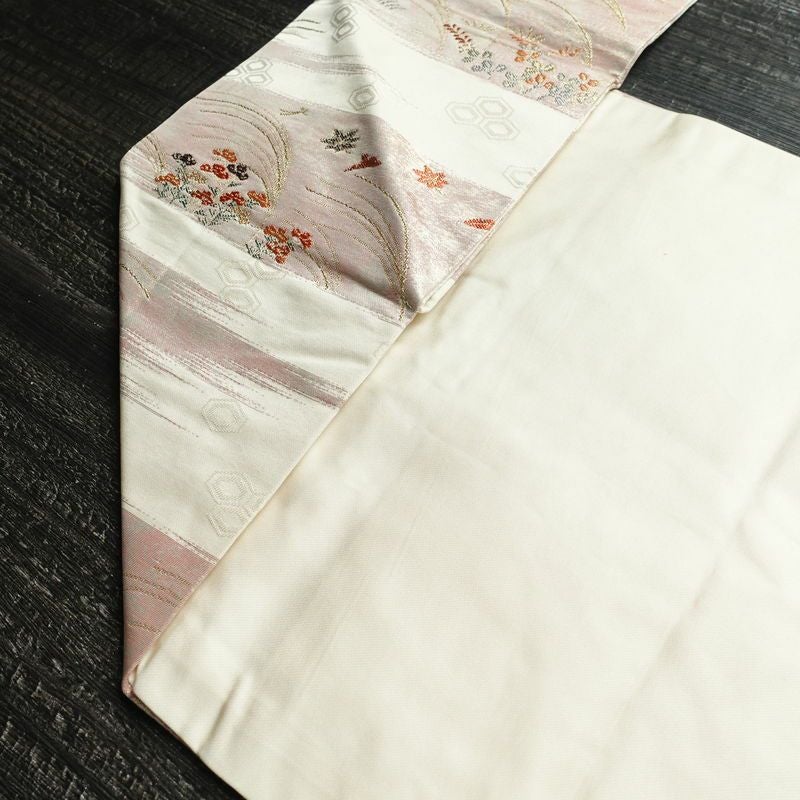 名古屋帯 六通柄 良品 正絹 花柄 名古屋仕立て 箔 金糸 帯 白_画像19