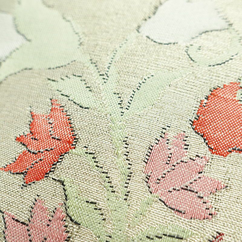 名古屋帯 六通柄 良品 正絹 花柄 名古屋仕立て 金糸 帯 ベージュ_画像6