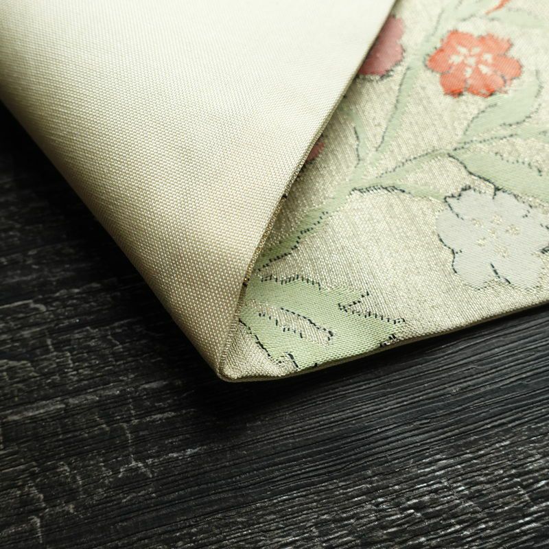 名古屋帯 六通柄 良品 正絹 花柄 名古屋仕立て 金糸 帯 ベージュ_画像11