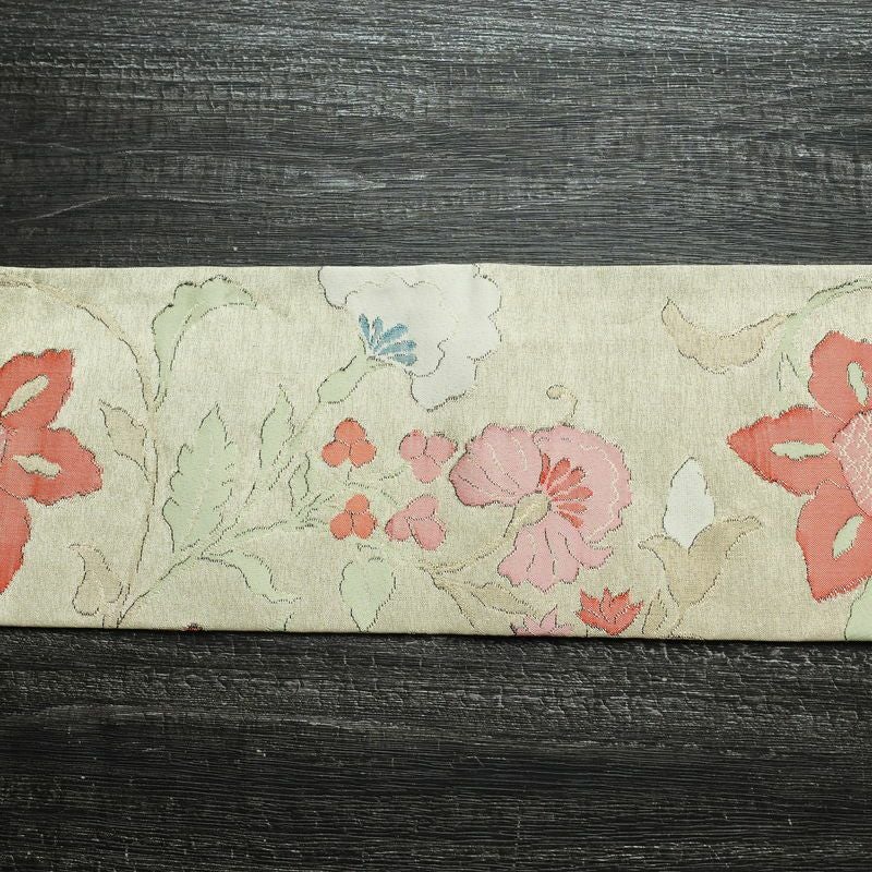 名古屋帯 六通柄 良品 正絹 花柄 名古屋仕立て 金糸 帯 ベージュ_画像14