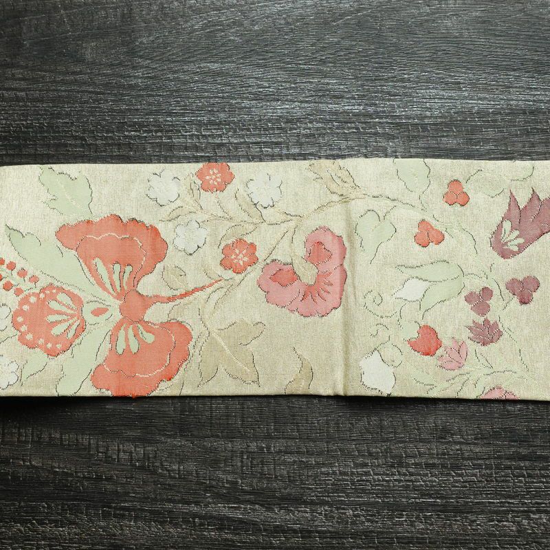 名古屋帯 六通柄 良品 正絹 花柄 名古屋仕立て 金糸 帯 ベージュ_画像15