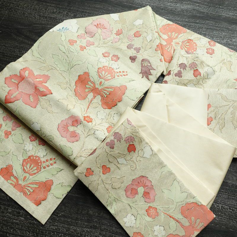 名古屋帯 六通柄 良品 正絹 花柄 名古屋仕立て 金糸 帯 ベージュ_画像18