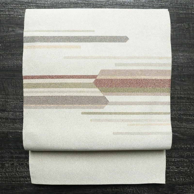 名古屋帯 つづれ織 太鼓柄 正絹 幾何学柄・抽象柄 松葉仕立て 銀糸 帯 金・銀_画像1