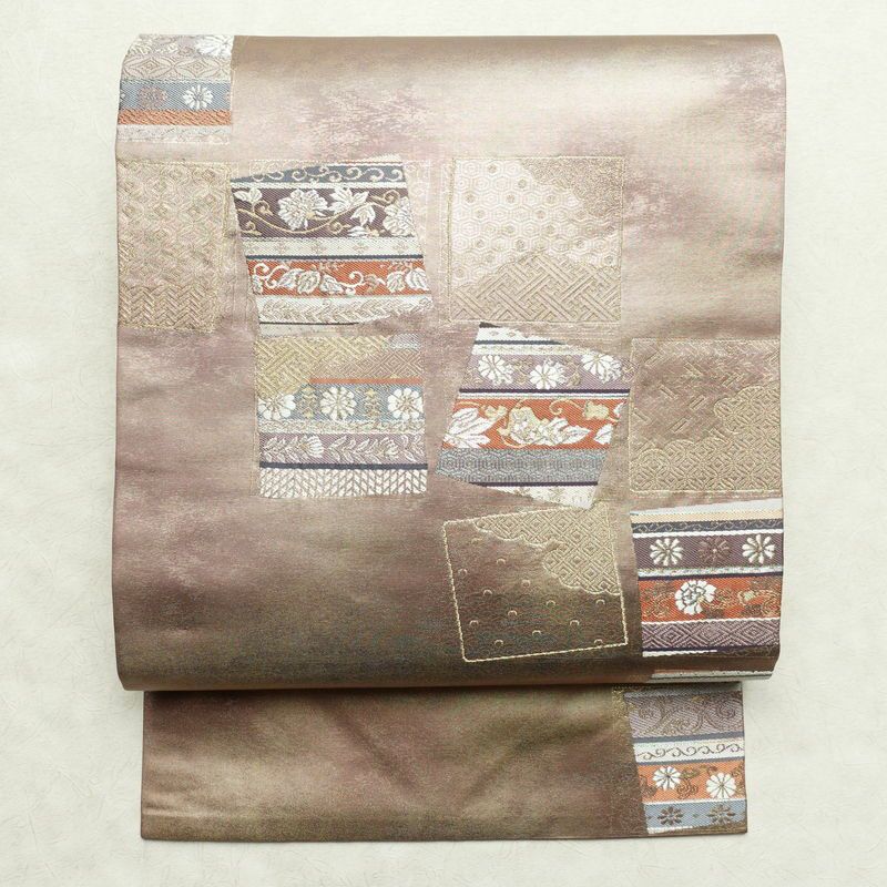 名古屋帯 太鼓柄 正絹 古典柄 名古屋仕立て 箔 金糸 帯 くすみパープル 紫・藤色_画像1