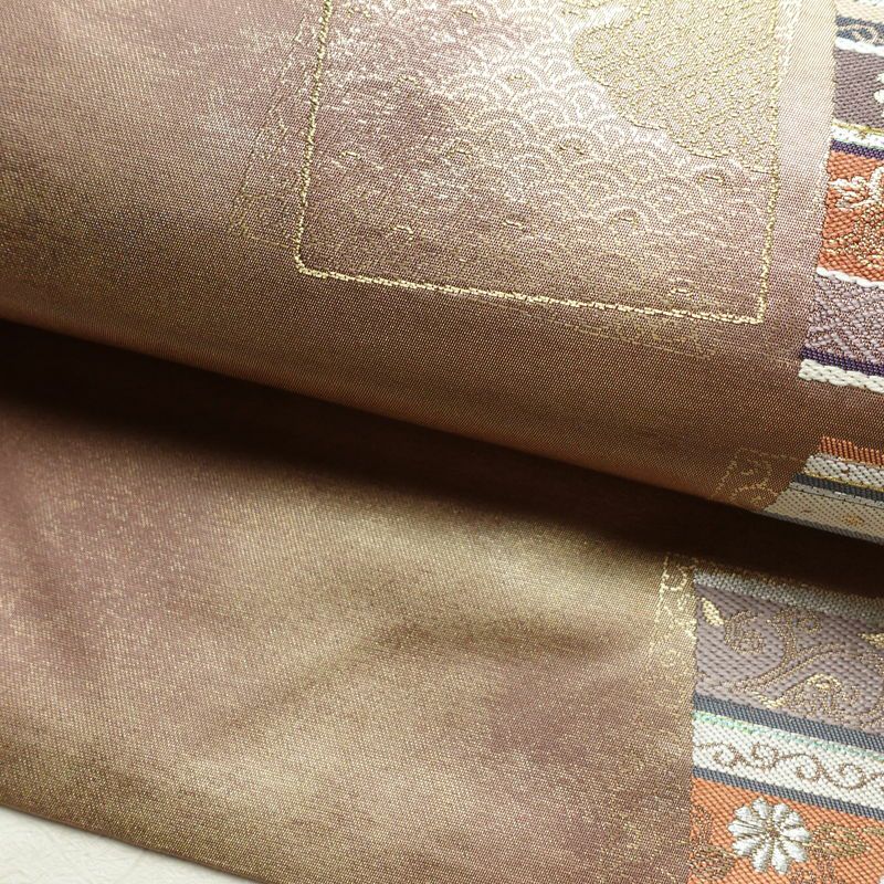 名古屋帯 太鼓柄 正絹 古典柄 名古屋仕立て 箔 金糸 帯 くすみパープル 紫・藤色_画像7