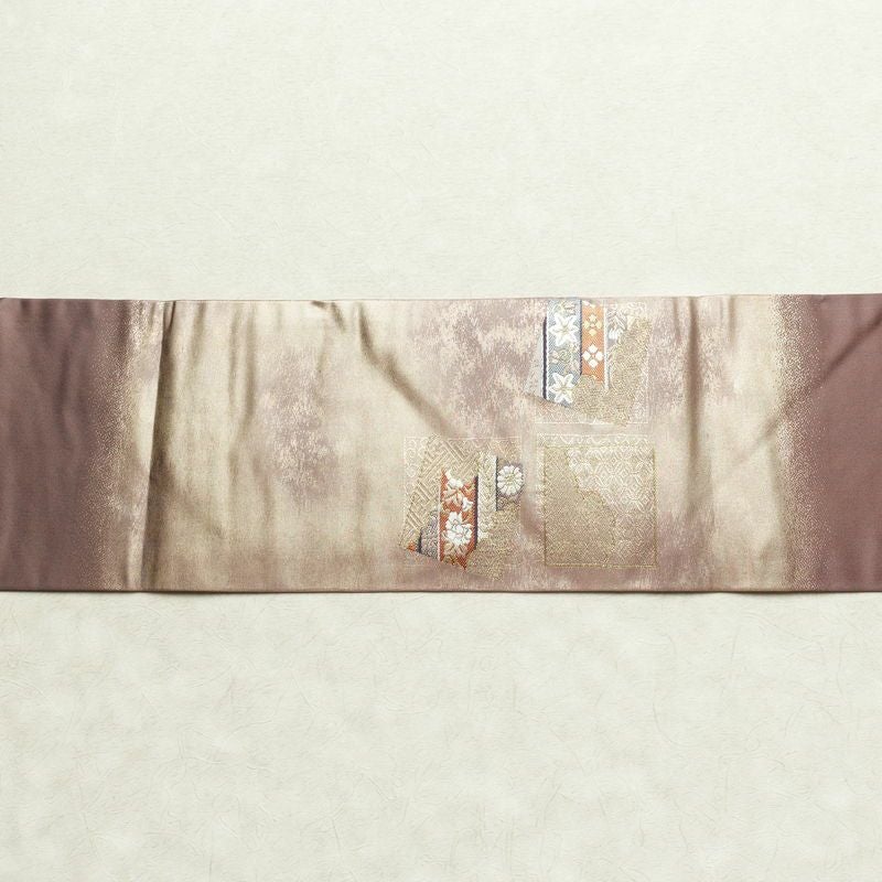 名古屋帯 太鼓柄 正絹 古典柄 名古屋仕立て 箔 金糸 帯 くすみパープル 紫・藤色_画像13