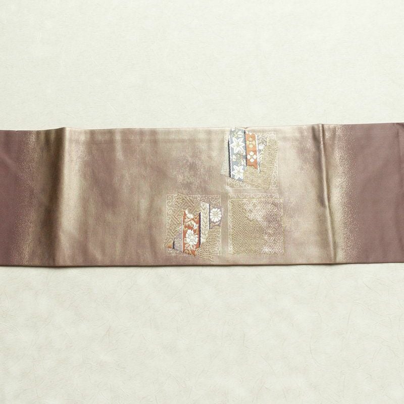 名古屋帯 太鼓柄 正絹 古典柄 名古屋仕立て 箔 金糸 帯 くすみパープル 紫・藤色_画像14