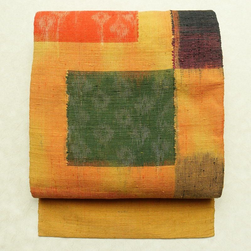 名古屋帯 紬地 太鼓柄 良品 正絹 幾何学柄・抽象柄 名古屋仕立て 帯 黄・黄土色_画像1