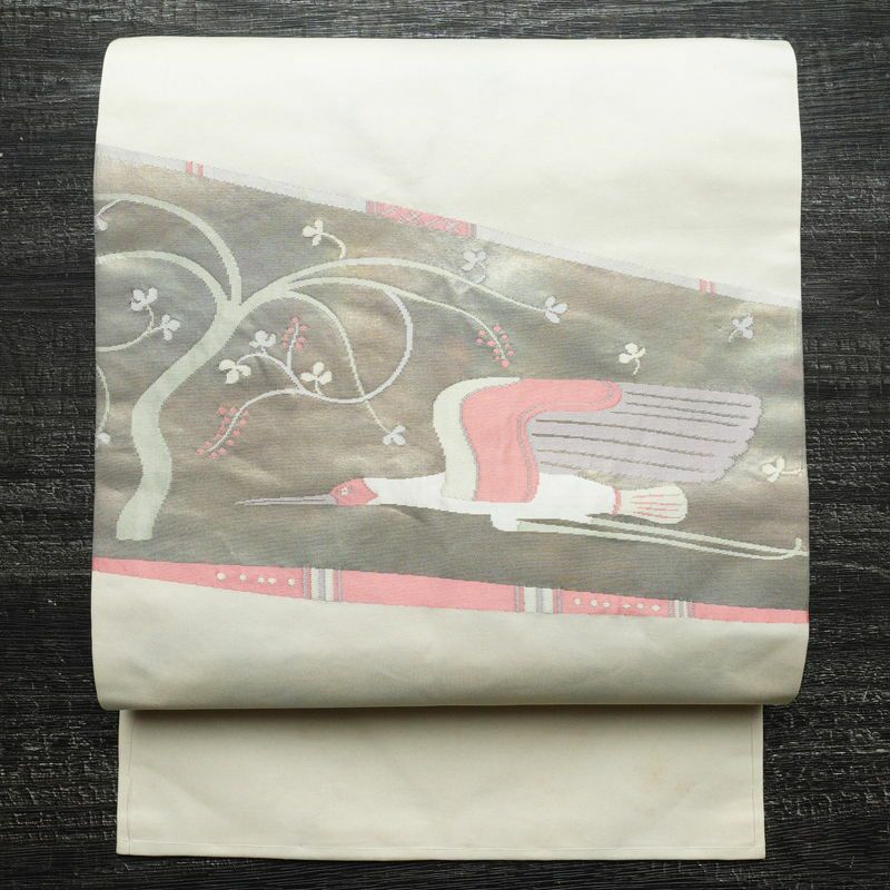 名古屋帯 太鼓柄 しつけ糸付き 正絹 人物・動物柄 名古屋仕立て 箔 帯 白_画像1