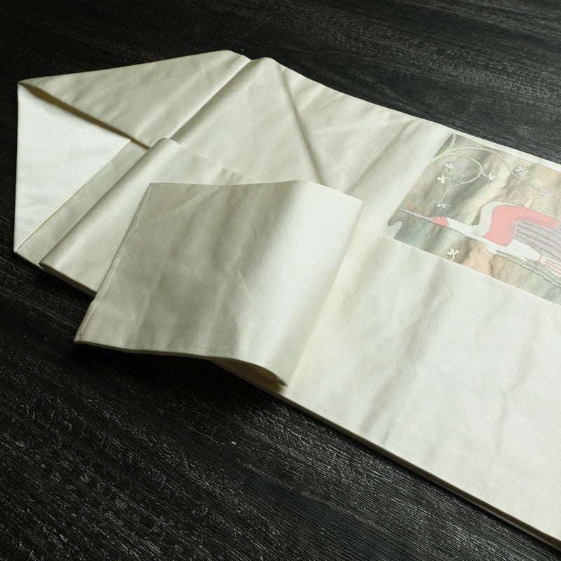 名古屋帯 太鼓柄 しつけ糸付き 正絹 人物・動物柄 名古屋仕立て 箔 帯 白_画像21