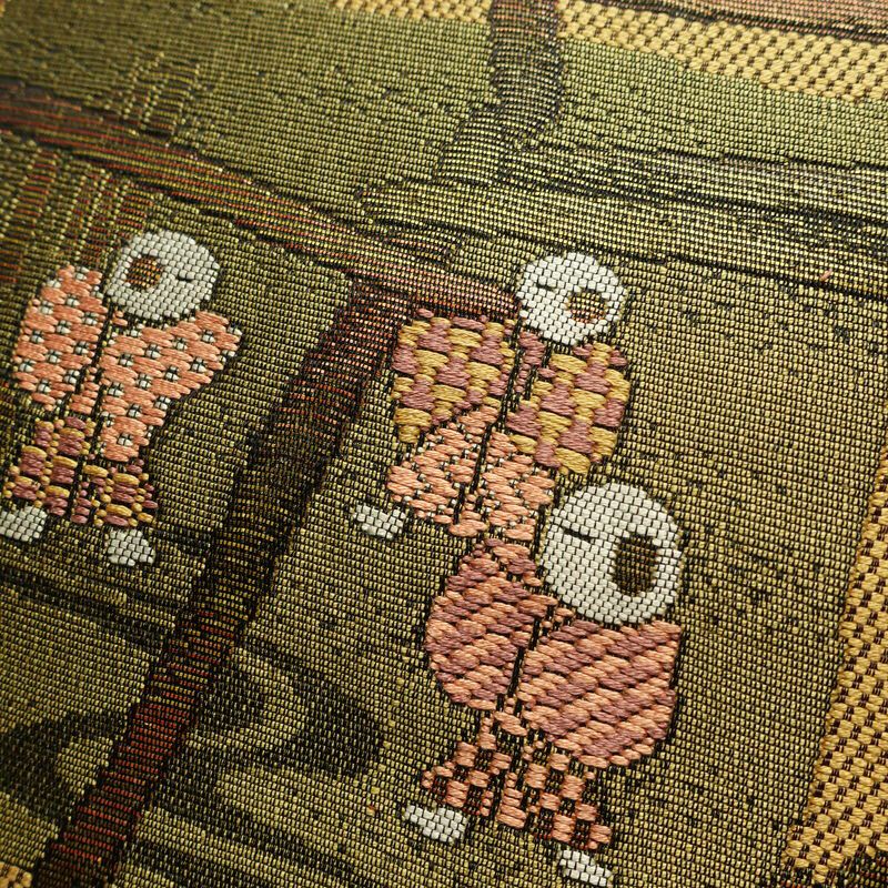 名古屋帯 六通柄 正絹 人物・動物柄 名古屋仕立て 帯 黄・黄土色_画像3