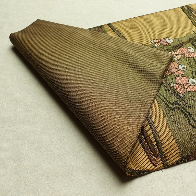 名古屋帯 六通柄 正絹 人物・動物柄 名古屋仕立て 帯 黄・黄土色_画像9