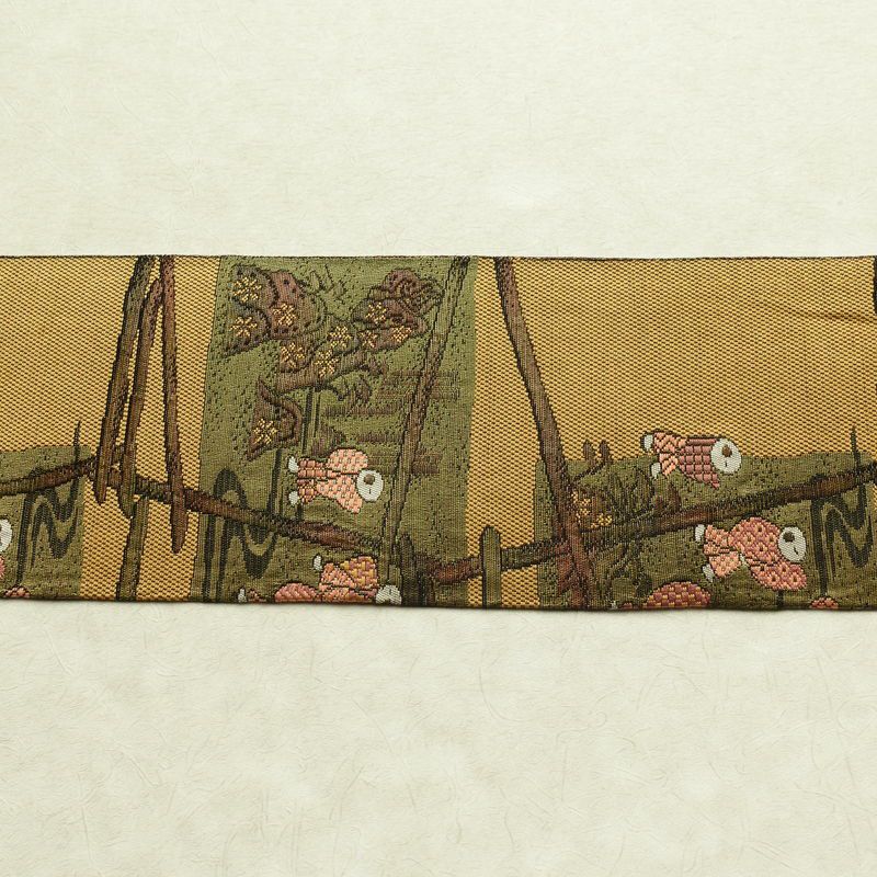 名古屋帯 六通柄 正絹 人物・動物柄 名古屋仕立て 帯 黄・黄土色_画像13