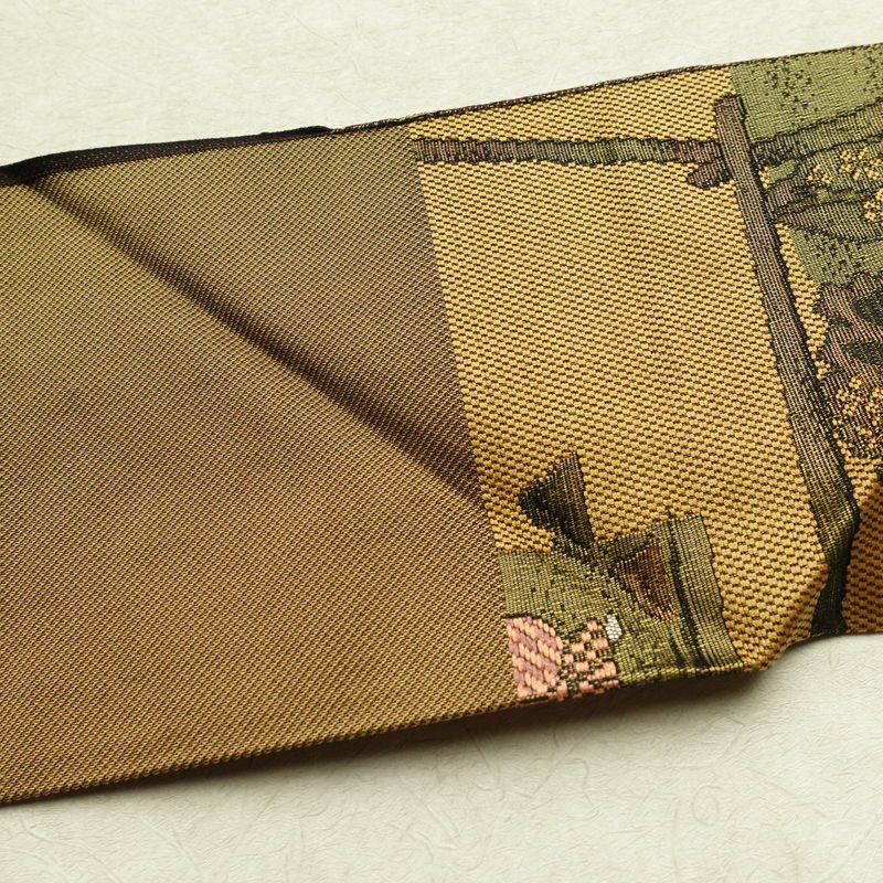 名古屋帯 六通柄 正絹 人物・動物柄 名古屋仕立て 帯 黄・黄土色_画像15