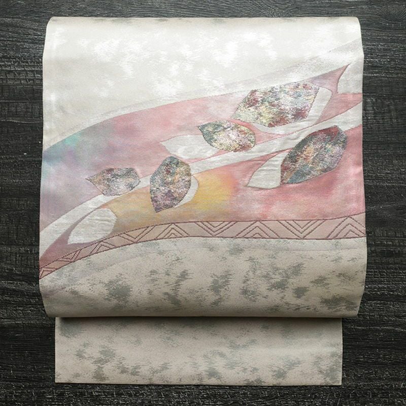 名古屋帯 太鼓柄 良品 正絹 木の葉・植物柄 名古屋仕立て 箔 帯 グレー_画像1