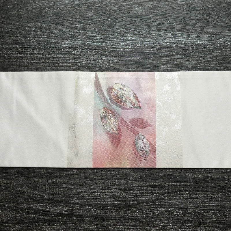 名古屋帯 太鼓柄 良品 正絹 木の葉・植物柄 名古屋仕立て 箔 帯 グレー_画像12