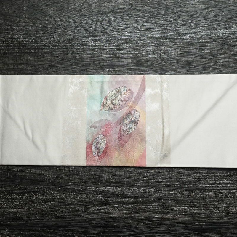名古屋帯 太鼓柄 良品 正絹 木の葉・植物柄 名古屋仕立て 箔 帯 グレー_画像13
