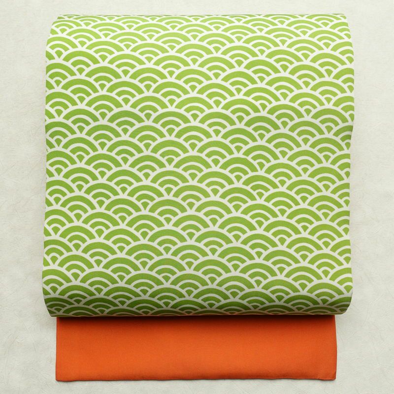 名古屋帯 全通柄 良品 正絹 青海波 流水・波柄 名古屋仕立て 帯 緑・うぐいす色_画像1