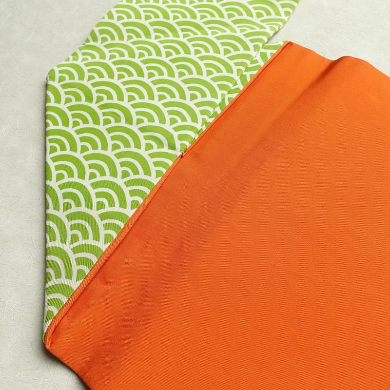 名古屋帯 全通柄 良品 正絹 青海波 流水・波柄 名古屋仕立て 帯 緑・うぐいす色_画像17