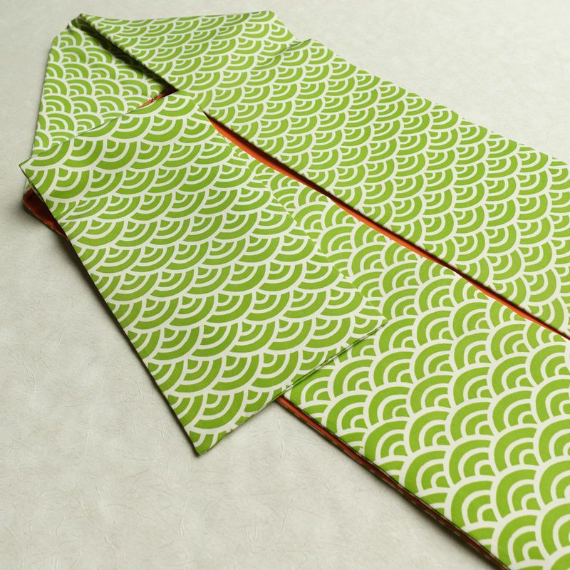 名古屋帯 全通柄 良品 正絹 青海波 流水・波柄 名古屋仕立て 帯 緑・うぐいす色_画像19