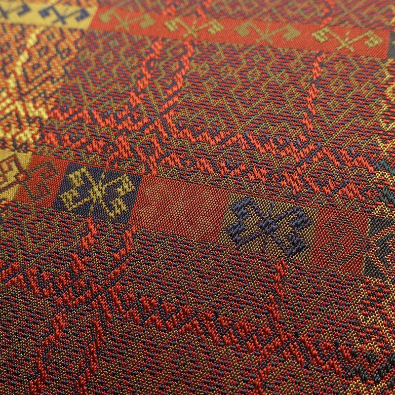 名古屋帯 全通柄 美品 正絹 幾何学柄・抽象柄 名古屋仕立て 帯 多色使い_画像3