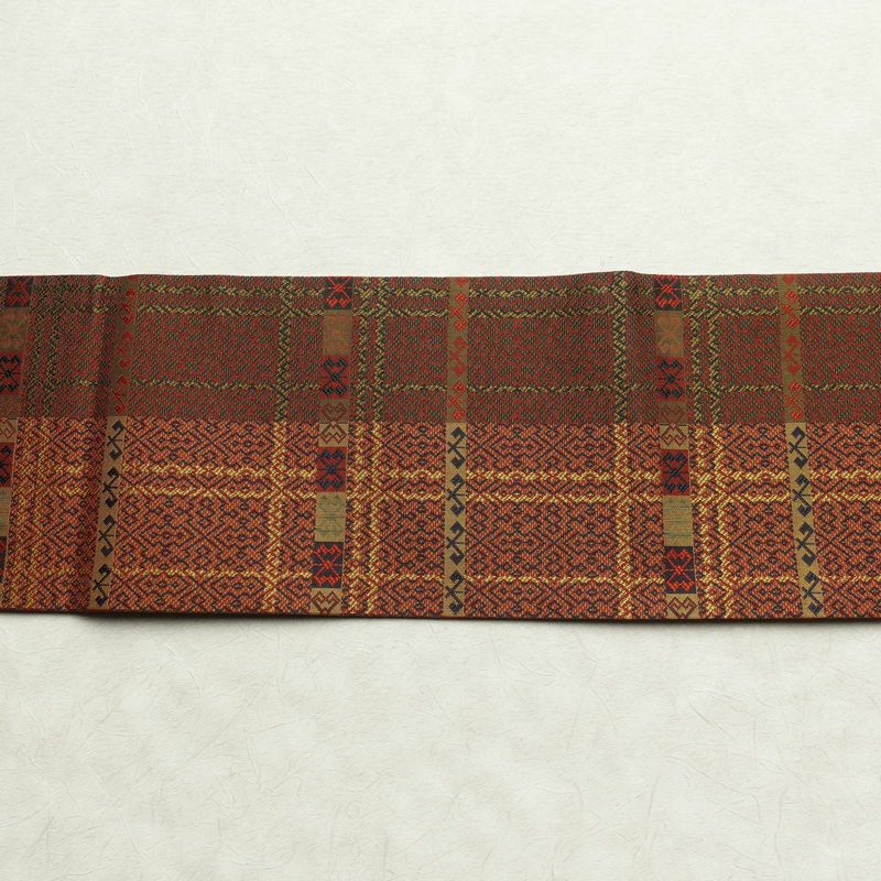 名古屋帯 全通柄 美品 正絹 幾何学柄・抽象柄 名古屋仕立て 帯 多色使い_画像13