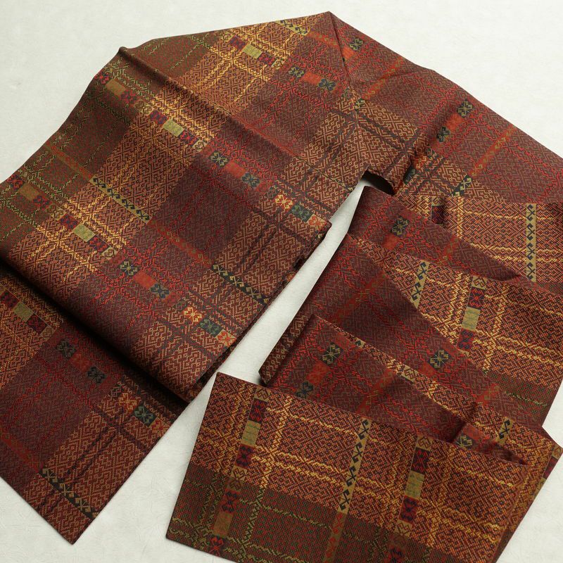 名古屋帯 全通柄 美品 正絹 幾何学柄・抽象柄 名古屋仕立て 帯 多色使い_画像16