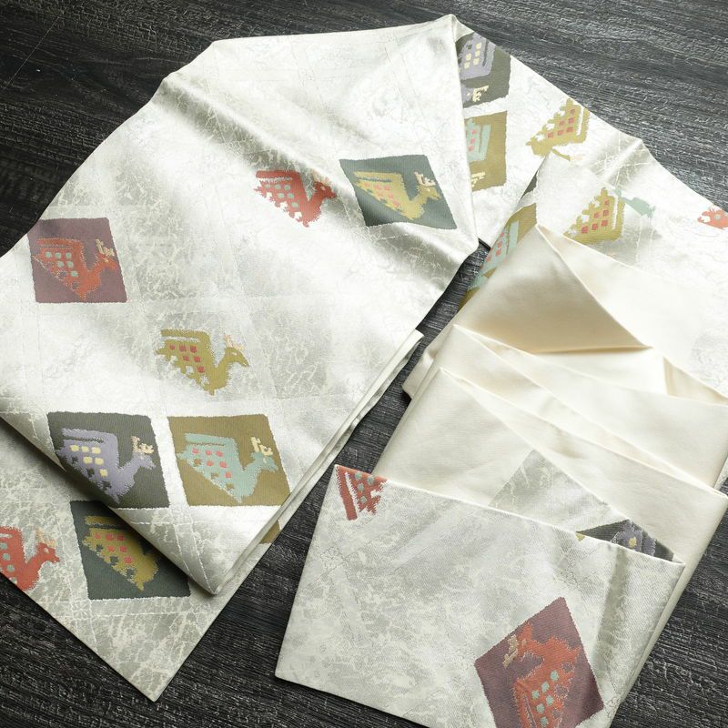 名古屋帯 六通柄 正絹 幾何学柄・抽象柄 名古屋仕立て 箔 帯 金・銀_画像18