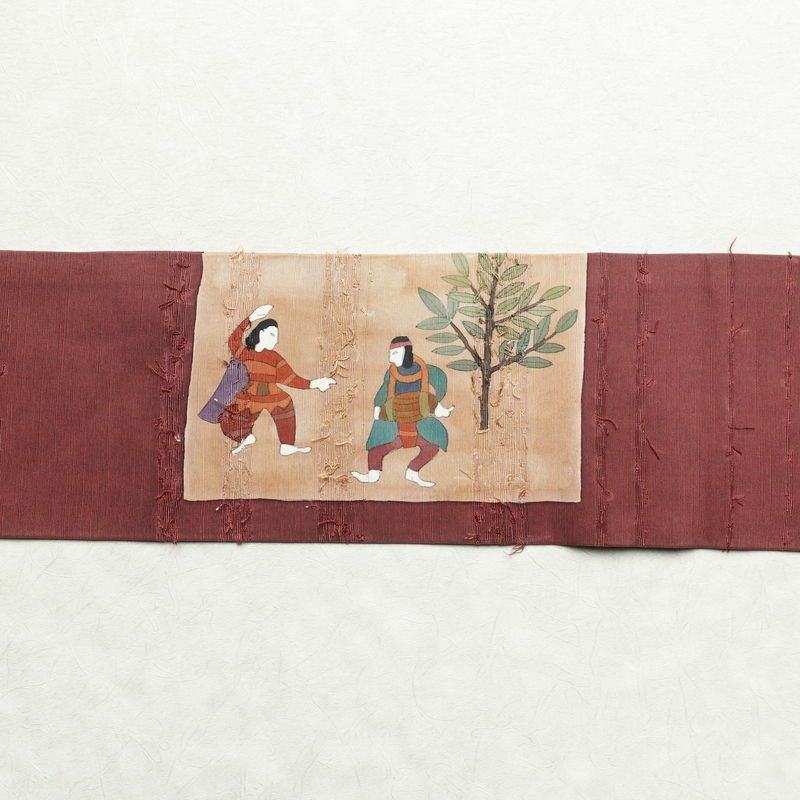 名古屋帯 髭紬 太鼓柄 良品 正絹 人物・動物柄 名古屋仕立て 帯 小豆・エンジ_画像14