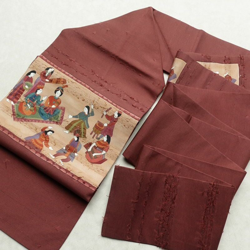 名古屋帯 髭紬 太鼓柄 良品 正絹 人物・動物柄 名古屋仕立て 帯 小豆・エンジ_画像17