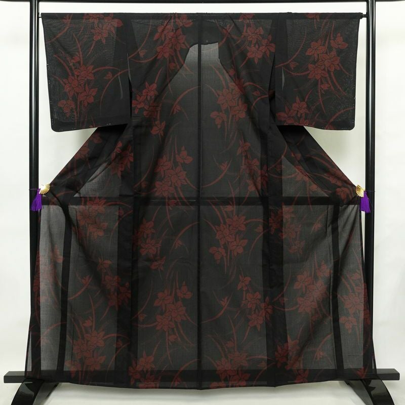 盛夏 良品 夏用 しつけ糸付き 正絹 花柄 単衣仕立て 身丈162.5cm 裄丈66.5cm 着物 黒_画像1