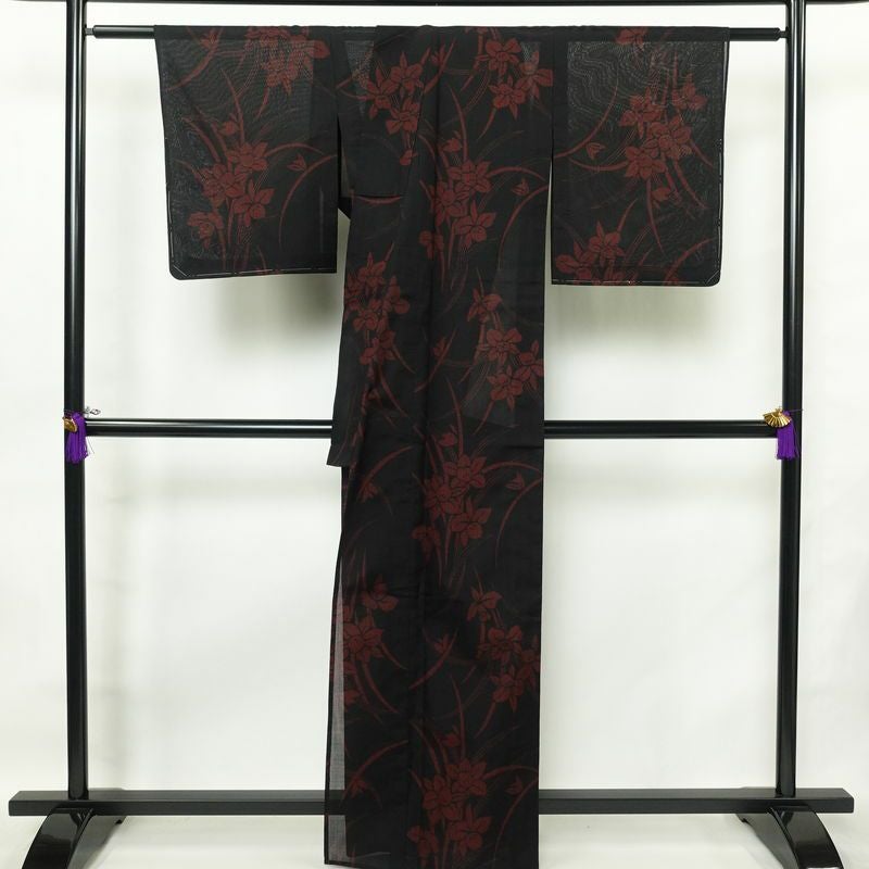 盛夏 良品 夏用 しつけ糸付き 正絹 花柄 単衣仕立て 身丈162.5cm 裄丈66.5cm 着物 黒_画像2