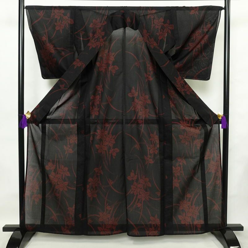 盛夏 良品 夏用 しつけ糸付き 正絹 花柄 単衣仕立て 身丈162.5cm 裄丈66.5cm 着物 黒_画像3